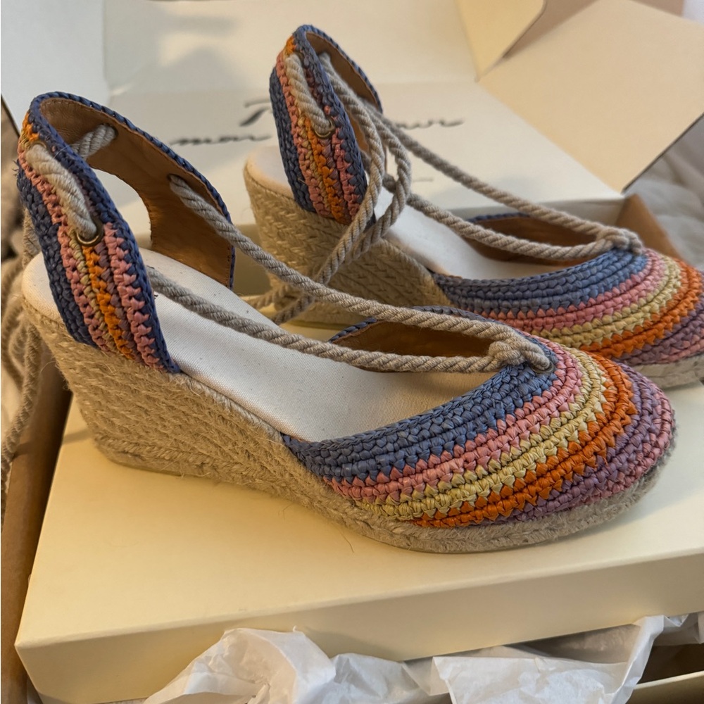 NWT Sézane Rainbow Crochet Espadrille Wedges Size 8 Summer Resort